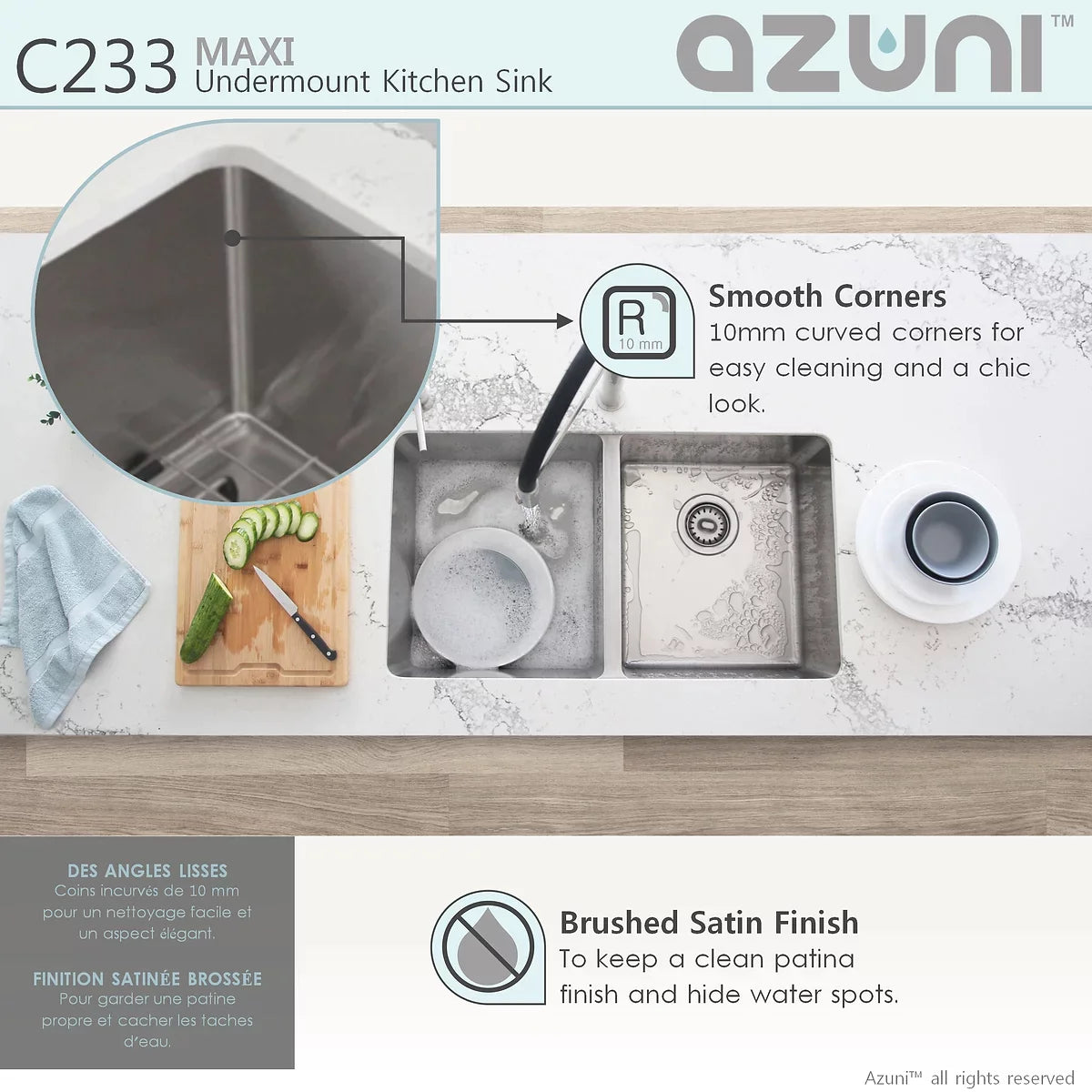 Stylish Azuni 32" x 18.5" Maxi Undermount Double Bowl Kitchen Sink Stainless Steel C233