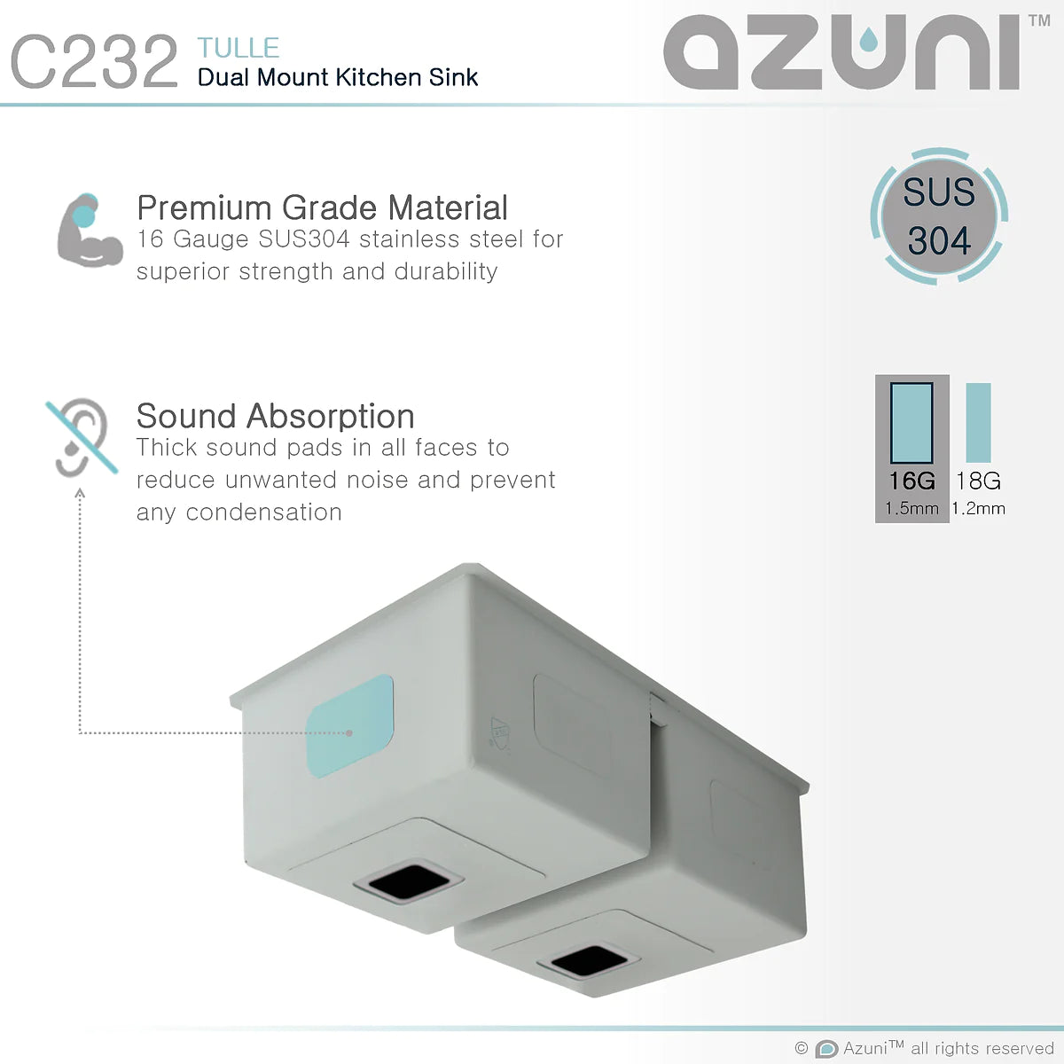 Stylish Azuni 32" x 18" Tulle Square Strainer 16 Gauge Undermount or Drop-in 50/50 Double Bowl Stainless Steel Kitchen Sink C232