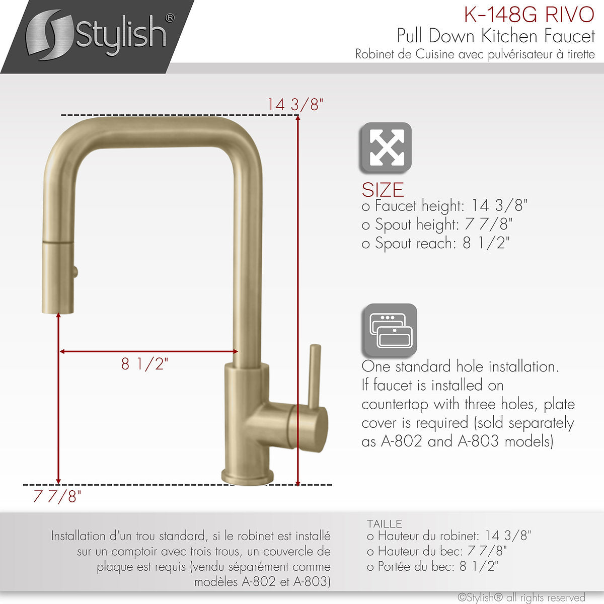 Stylish Rivo Single Handle Pull Down Kitchen Faucet - Brushed Gold Finish K-148G