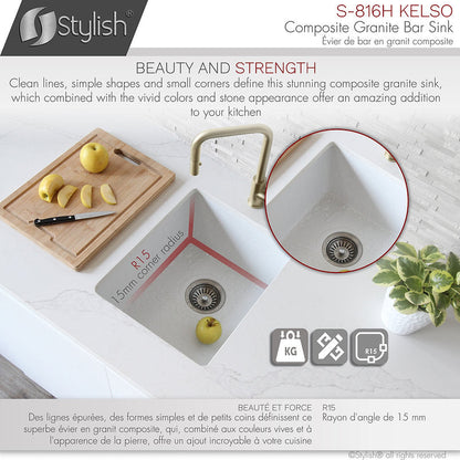 Stylish Kelso 15.5" x 17.5" Dual Mount Single Bowl White Composite Granite Kitchen Sink with Strainer